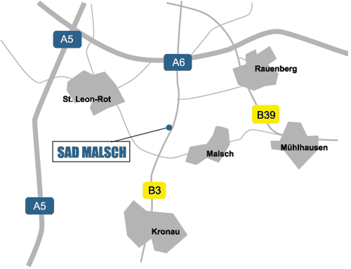 Lageplan der Deponie Malsch. Es handelt sich um die grafische Darstellung des Lageplans der Deponie Malsch, mit eingezeichneten Autobahnen, Bundesstraßen und den umliegenden Ortschaften.