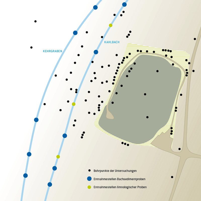 Eine grafische Darstellung der Position der Bohrlöcher für die Grundwasseruntersuchungen auf dem Gelände.